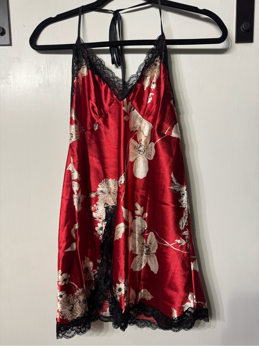 Red Floral Satin Chemise with Black Lace Trim